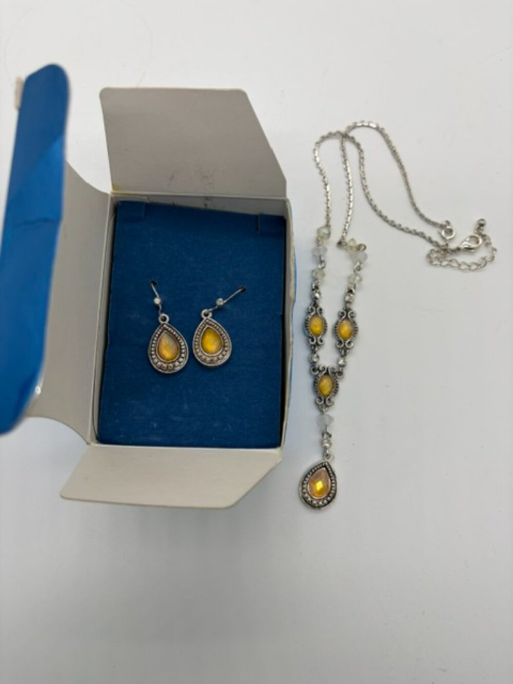 Avon Silver-Tone Yellow Teardrop Necklace and Earring Set